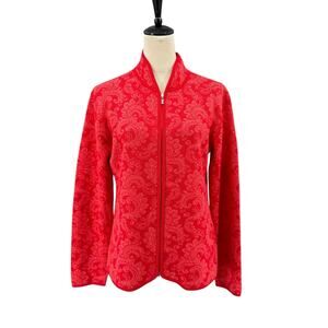 Neve Designs Bright Red Knit Paisley 100% Wool Zip Up Jacket Sweater Cardigan